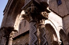 Detail of an inlaid mosaic capital and column of the Monreale cathedral cloister in Sicily, Norma…