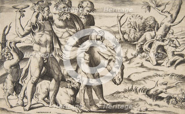 A drunken Silenus riding an ass being supported by satyrs, 1531-76. Creator: Giulio Bonasone.
