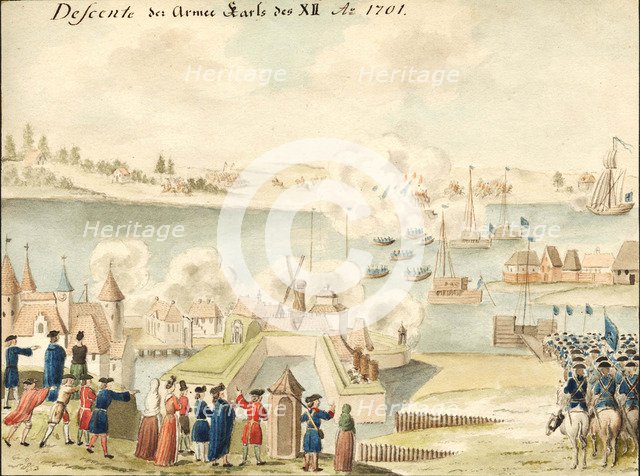 Charles XII is crossing the Düna 1701, 1770-1780s. Artist: Brotze, Johann Christoph (1742-1823)