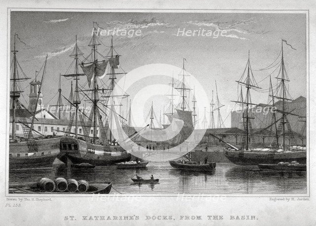 View of St Katharine's Dock from the basin, London, c1830. Artist: Henry Jorden
