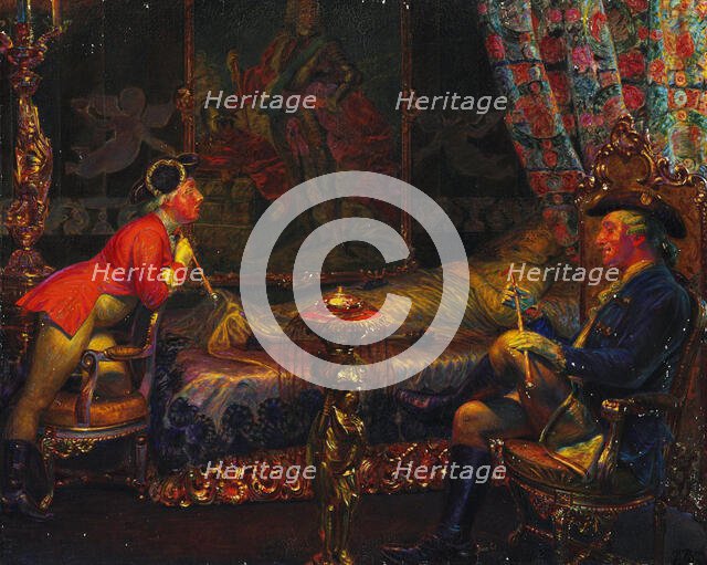 Struensee and Caroline Mathilde at the dead body of Queen Sofie Magdalene, 1910. Creator: Zahrtmann, Kristian (1843-1917).