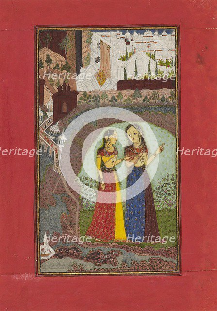 Two ladies in a landscape with palace, c1725. Artists: Unknown, Incha Ram.