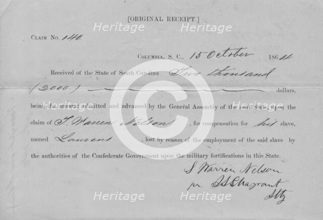 Original receipt for $2,000 compensation obtained by L. Warren Nelson; Columbia..., 1864-10-15. Creator: Unknown.