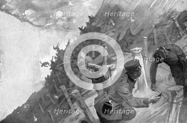 Japanese troops massacred crossing Russian barbed wire,  Russo-Japanese War, 1904-5. Artist: Unknown