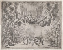 Stage design with allegorical figures; from 'L'Idea di tutti le perfezioni ... Piacenz..., ca. 1690. Creator: Carlo Antonio Forti.