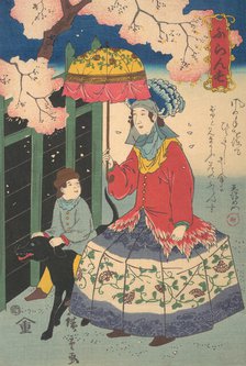 French Woman, Her Child and Pet Dog, 10th month, 1860. Creator: Utagawa Hiroshige II.