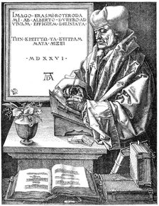 Desiderus Erasmus using writing slope (1465-1536), Dutch humanist and scholar. Artist: Unknown