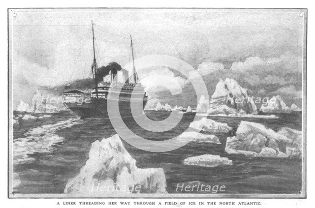 'A Liner Threading Her Way Through a Field of Ice in the North Atlantic', April 20, 1912. Creator: Unknown.