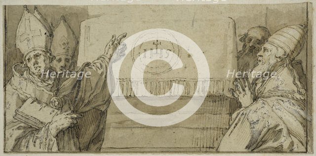 The four Latin church fathers in front of an altar. Creator: Abraham Bloemaert.