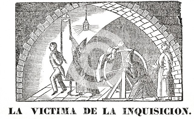 Popular engraving showing a scene of the Inquisition with various torture devices, etching, 1850.