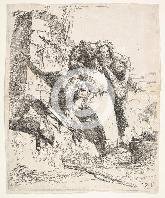 A scene of necromancy: a woman bearing a vessel, a turbaned man, and a soldier look..., ca. 1743-57. Creator: Giovanni Battista Tiepolo.