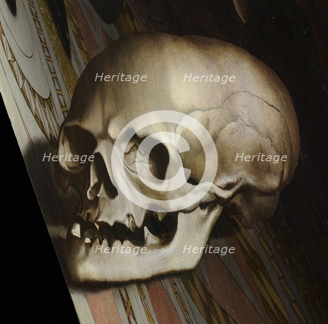The anamorphic skull. The Ambassadors (Detail), 1533.