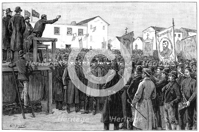 Constabulary guarding a government reporter at a 'plan of campaign' meeting, Ireland, 1887. Artist: Unknown