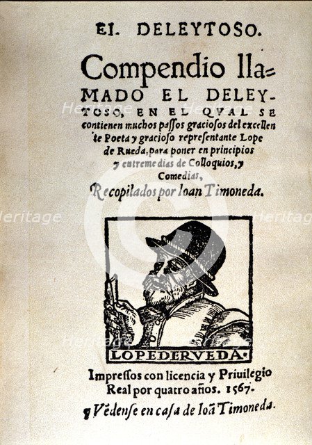 Cover of the edition of 'El deleytoso' by Lope de Rueda, printed in Valencia, 1567 by Joan Timoneda.