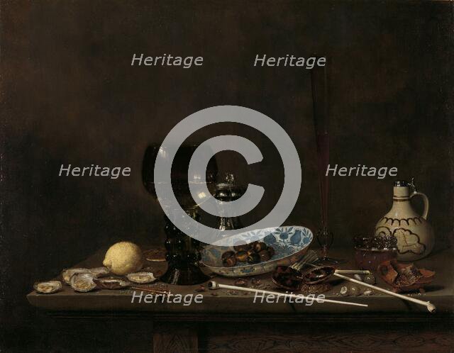 Still Life with Roemer, Flute Glass, Earthenware Jug and Pipes, 1651. Creator: Jan Jansz van de Velde.