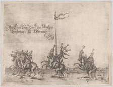 Procession, with men riding horses; three men playing trumpets at front, a knight ..., 16th century. Creator: Anon.