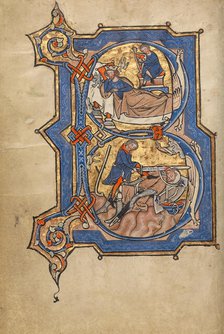 Initial B: David Playing the Harp for Saul, and David and Goliath; Psalter, mid-1200s. Creator: Unknown.