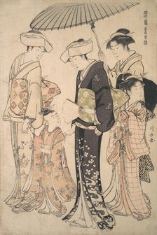 Two Women in Summer Costume Taking a Young Girl to a Shinto Temple for the Miya Mairi ..., ca. 1783. Creator: Torii Kiyonaga.