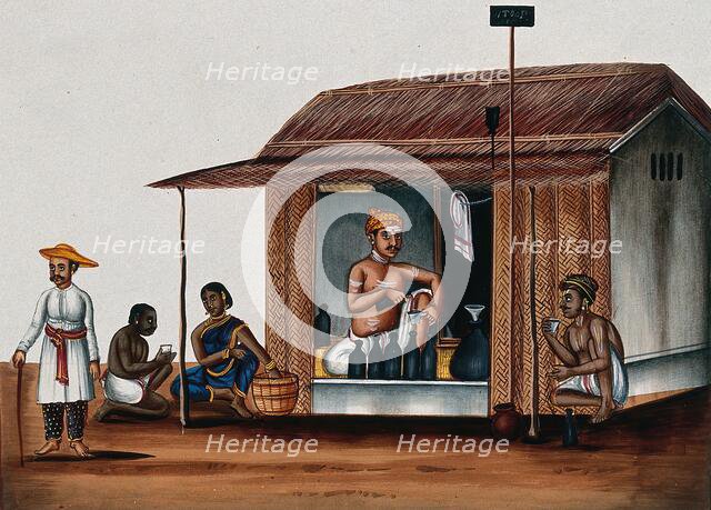 A man seated in a arrack shop pours a drink, (between 1800 and 1899?). Creator: Unknown.