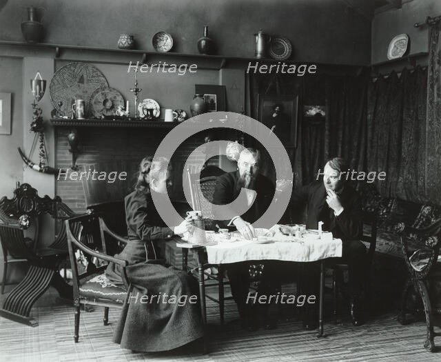 Frances Benjamin Johnston having tea with Elbert Hubbard (far right)...Washington, D.C., c1900. Creator: Frances Benjamin Johnston.
