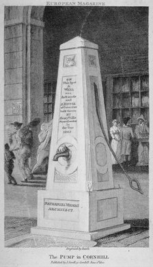 Water pump in Cornhill, City of London, 1800. Artist: Samuel Rawle