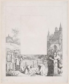 Plate 5: women collecting plants and carrying them over their heads, a male onlooker at ri..., 1836. Creator: Eduard Julius Friedrich Bendemann.
