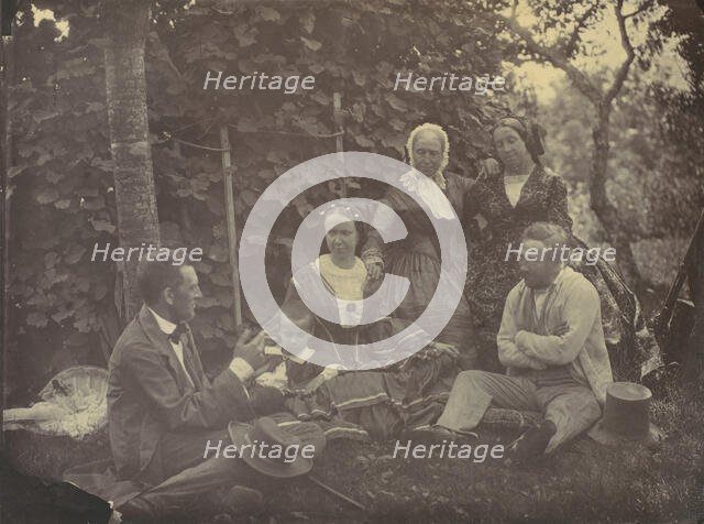 [Three Women,Two Men, and a Child on a Picnic], 1850s-60s. Creator: Franz Antoine.