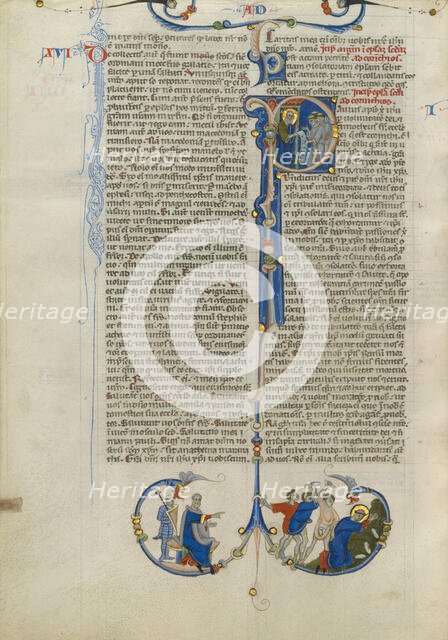 Initial I: Paul Handing a Scroll to Friars; Abbey Bible, about 1250-1262. Creator: Unknown.