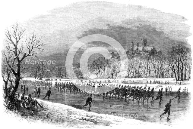 The First Lincolnshire Rifle Volunteers taking a march down the river Witham on skates, 1861. Artist: Unknown