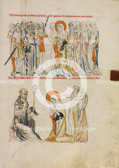 Saint Hedwig Receiving Shoes Miraculously; Abbot Gunther of Leubus Presenting Shoes..., 1353. Creator: Unknown.