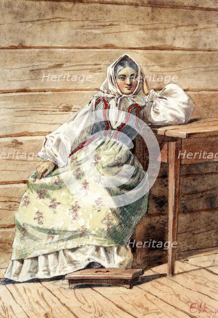 Seated woman in folk costume from Blekinge. Creator: Unknown.