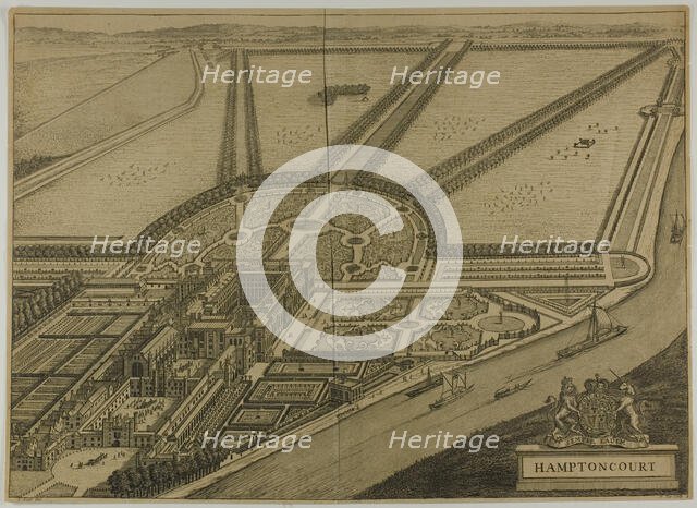 Hampton Court, plate six from Britannia Illustrata, published 1707. Creator: Johannes Kip.