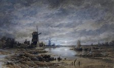 Moonlit night (canal landscape with windmills and ships), undated. Creator: Remigius Adrianus Haanen.