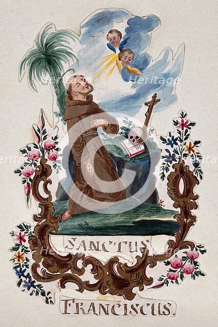 Saint Francis of Assisi, kneeling, receiving the stigmata. Creator: Unknown.