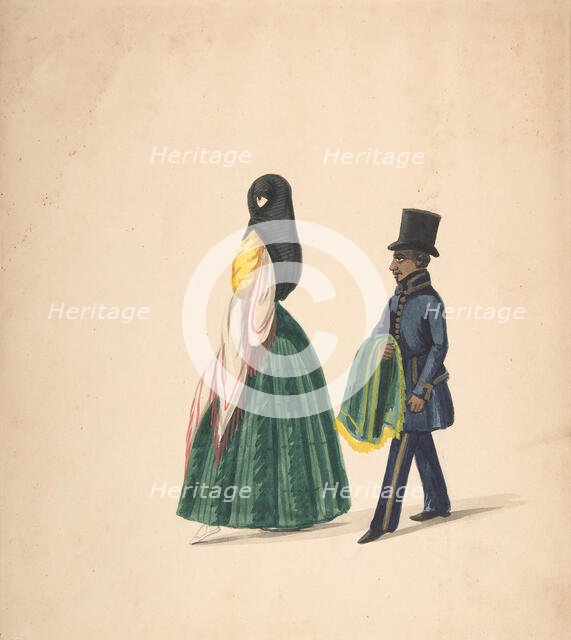 A Woman, Followed by Her Servant, 1840-50. Creator: Anon.