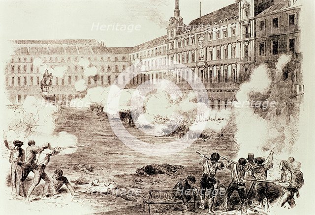 Popular disorders in Madrid, skirmish in the Plaza Mayor between two companies of infantry and a …