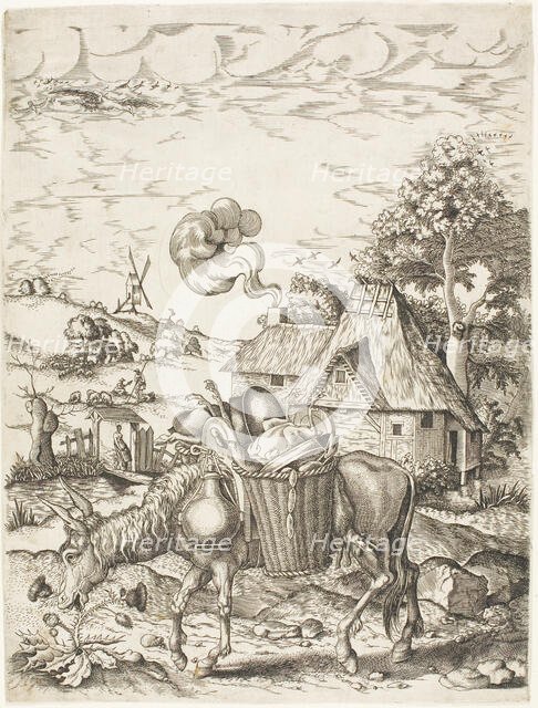 The Donkey Laden with Food, from Emblematic Figures of Animals, 1633. Creator: Adriaen van de Venne.