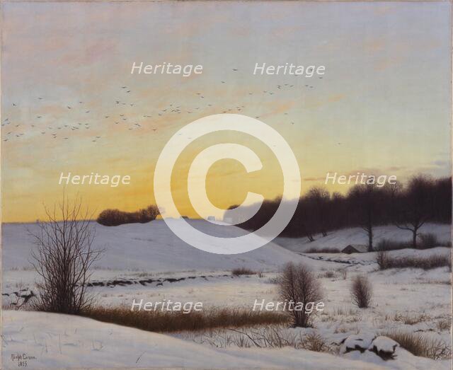 Snowy landscape with a hill - sunset, 1895. Creator: Adolf Alfred Larsen.