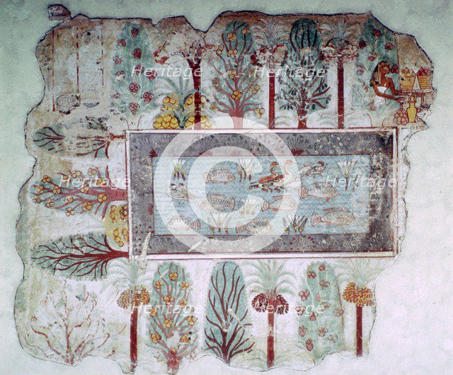 Egyptian wall-painting of an ornamental pool with fish, 14th century BC. Artist: Unknown