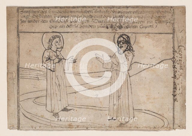 Elias and Enoch Descend from Heaven, from a Quindecim signa extremi judicii diem ..., ca. 1465-1475. Creator: Anon.