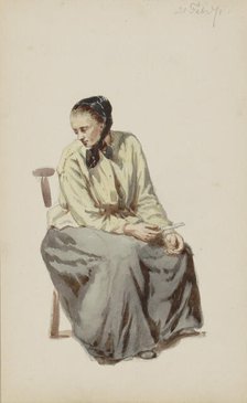 Seated woman with a knife and a potato, 1871. Creator: Cornelis Springer.