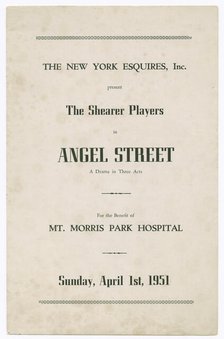 Programme for the Shearer Players' production of Angel Street, 1951. Creator: Unknown.