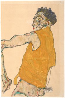 Self-Portrait in Yellow Vest, 1914. Artist: Schiele, Egon (1890–1918)