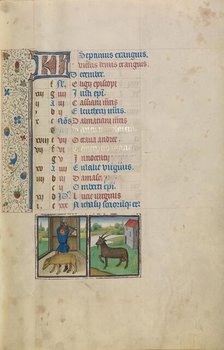 December Calendar Page: Slaughtering a Pig: Capricorn; Arenberg Hours, early 1460s. Creator: Workshop of Willem Vrelant.