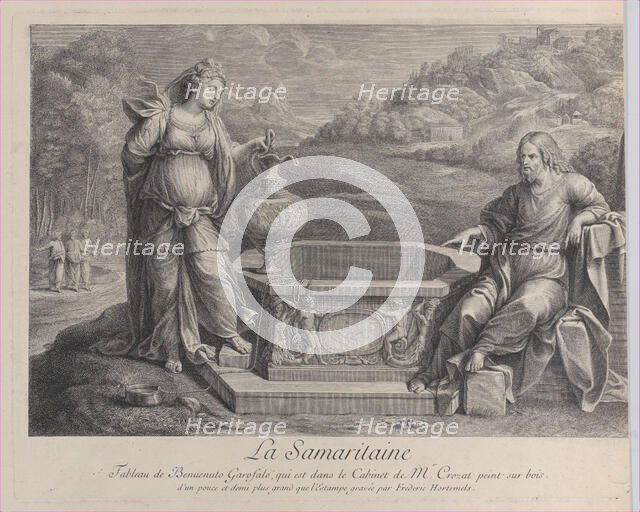 Christ, seated at right, and the woman of Samaria, who stands at left, ca. 1729. Creator: Frédéric Horthemels.