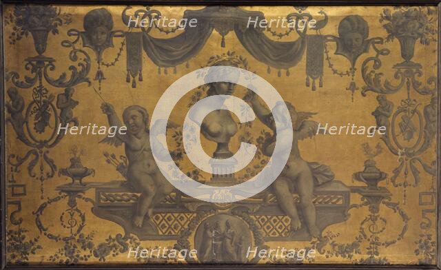Grotesque decorative panel, two cupids crowning a bust with flowers, between 1801 and 1900. Creator: Unknown.