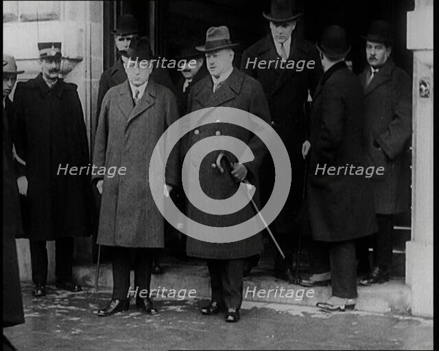 Male Ministers Standing on the Steps of a Large Building Having Been Admitted Into the,,,, 1926. Creator: British Pathe Ltd.
