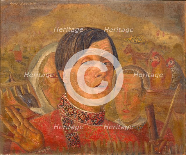 Self-portrait with  the cock and the hen, c. 1924. Artist: Grigoriev, Boris Dmitryevich (1886-1939)