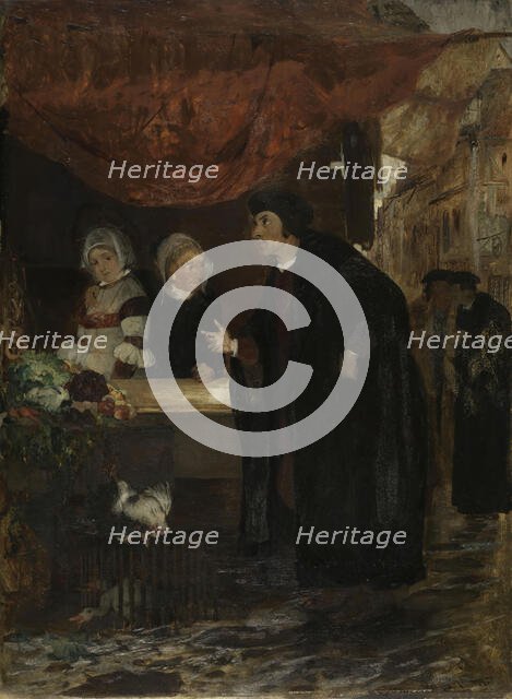 Erik Valkendorf meets Sigbrit Willums and Dyveke in Bergen's square in 1507, 1876. Creator: Eilif Peterssen.