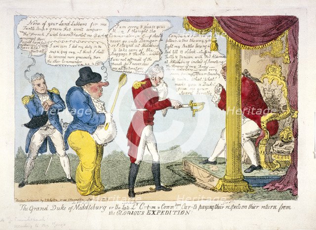 'The grand Duke of Middleburg or late Ld. C-t-m & Commdore Cur-t's paying their respects...', 1809. Artist: Anon